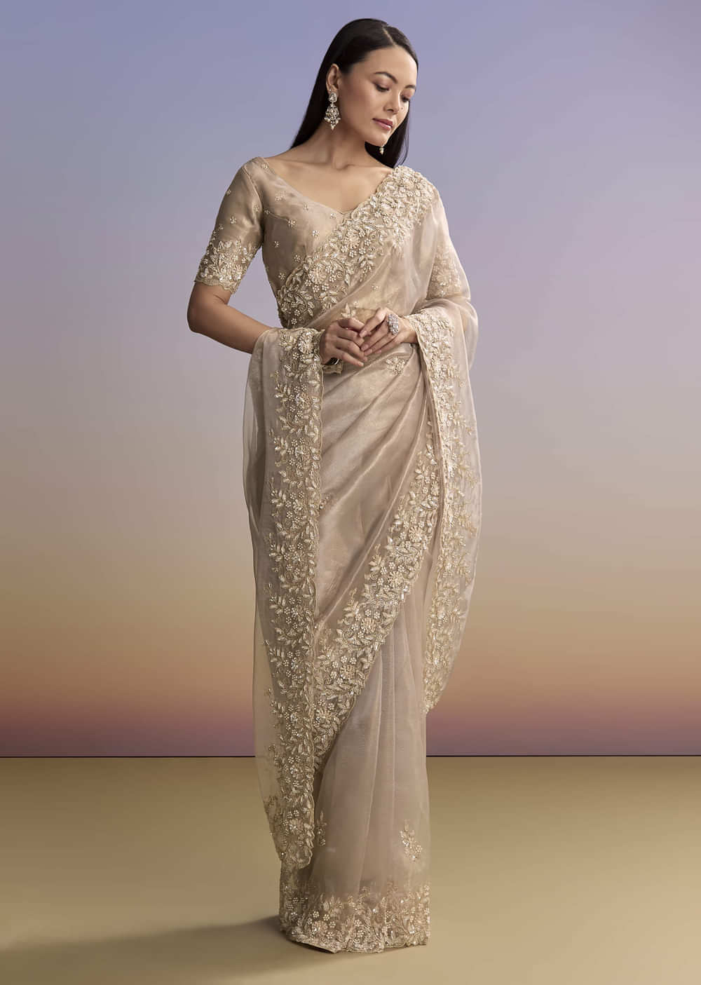 Beige Tissue Saree With Sequins And Cutdana Embroidery