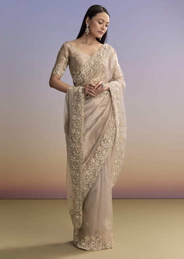 Beige Tissue Saree With Sequins And Cutdana Embroidery