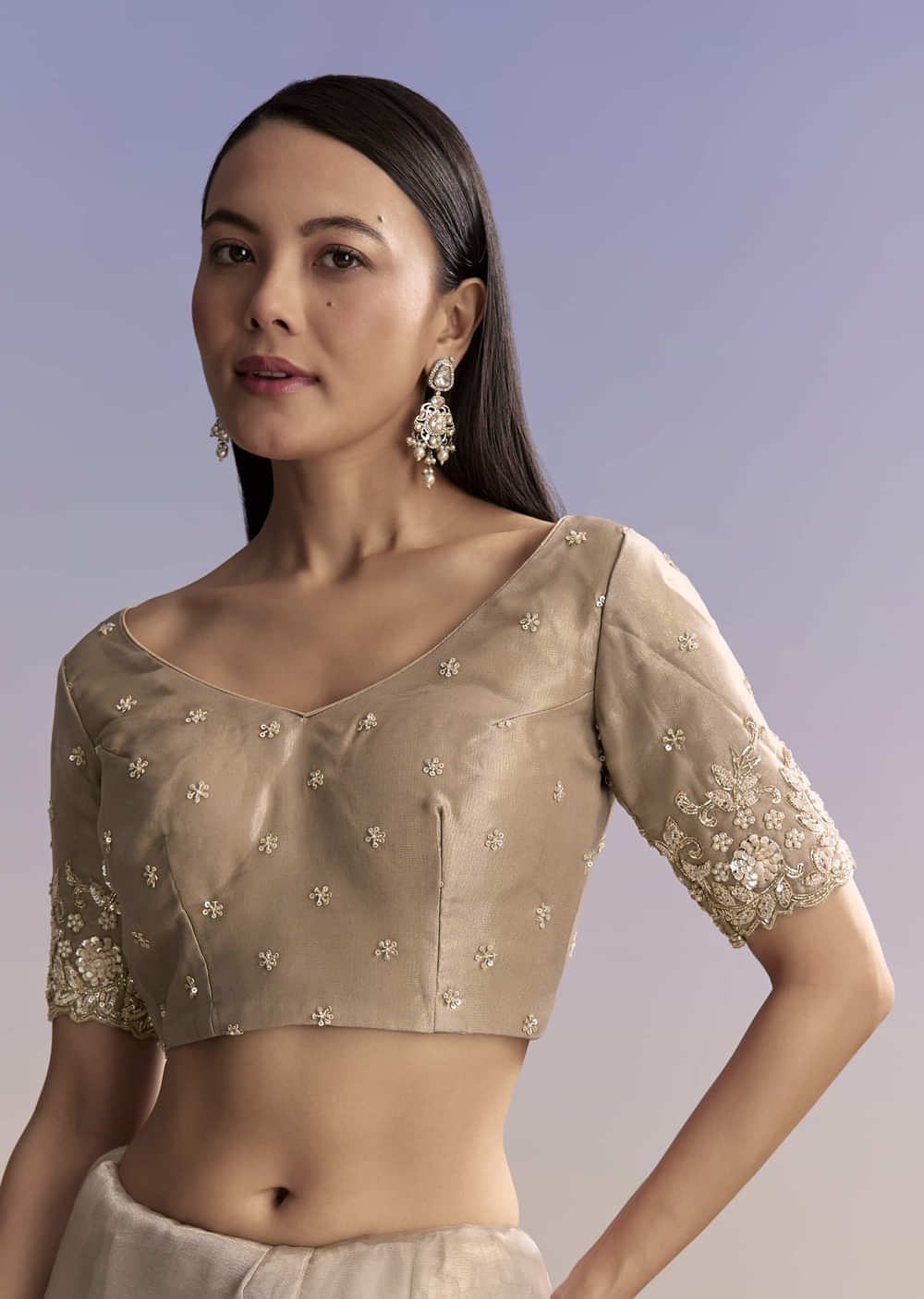 Beige Tissue Saree With Sequins And Cutdana Embroidery