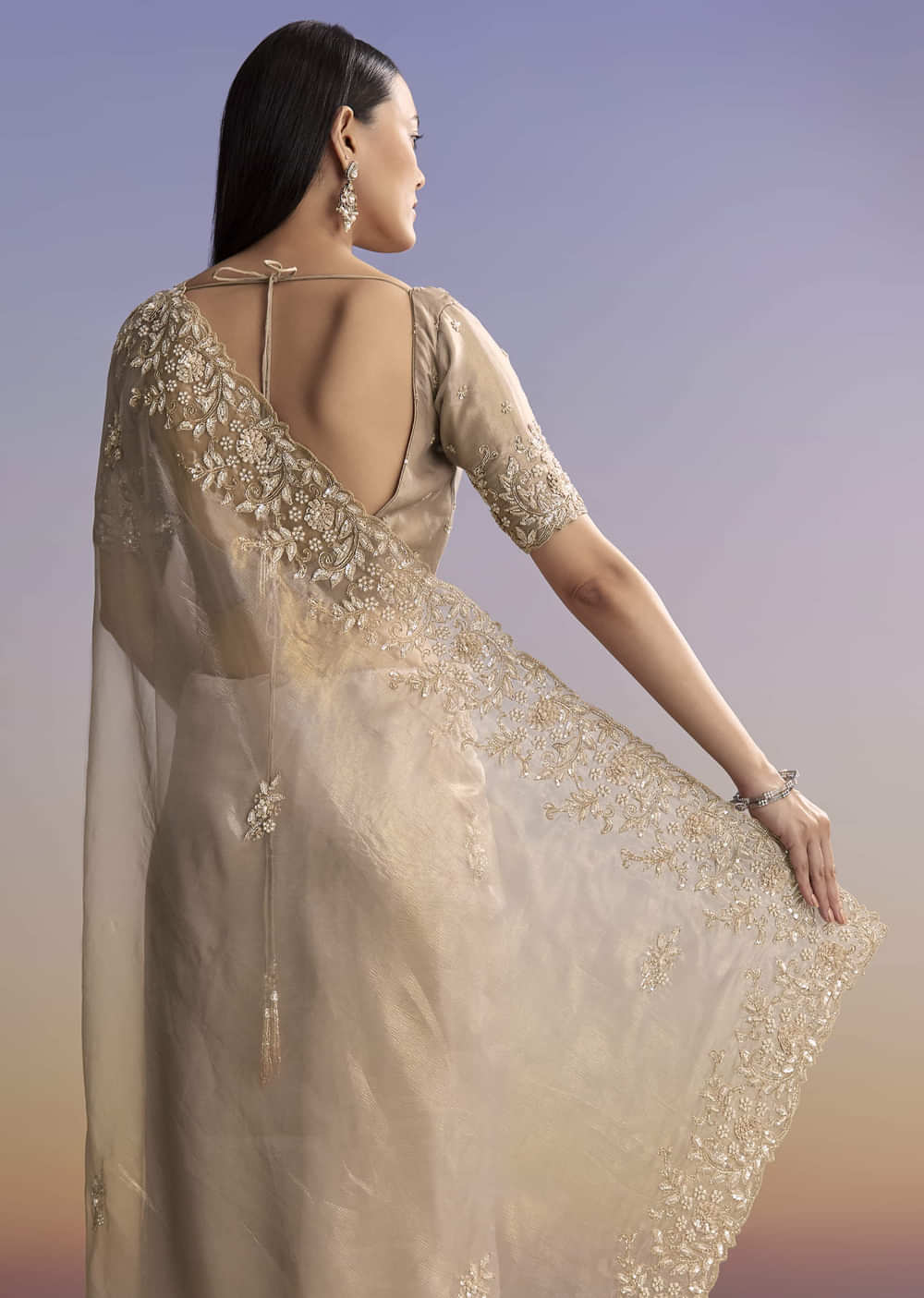 Beige Tissue Saree With Sequins And Cutdana Embroidery