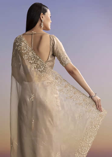 Beige Tissue Saree With Sequins And Cutdana Embroidery