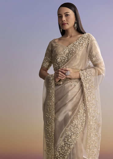 Beige Tissue Saree With Sequins And Cutdana Embroidery