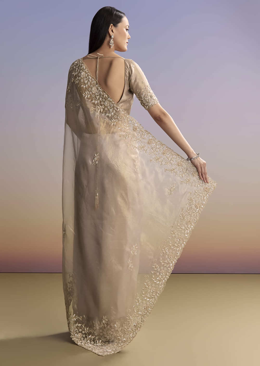 Beige Tissue Saree With Sequins And Cutdana Embroidery