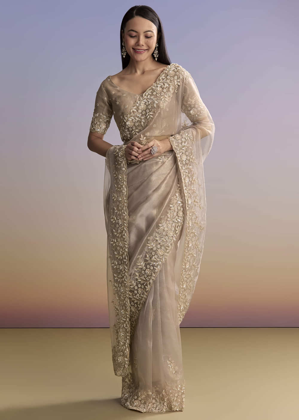 Beige Tissue Saree With Sequins And Cutdana Embroidery