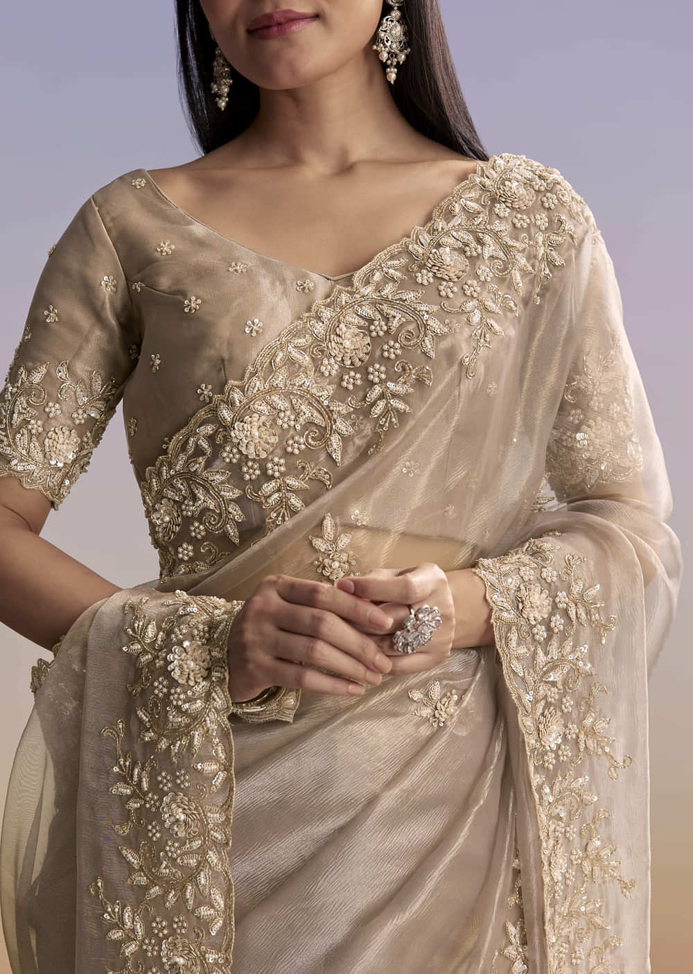 Beige Tissue Saree With Sequins And Cutdana Embroidery