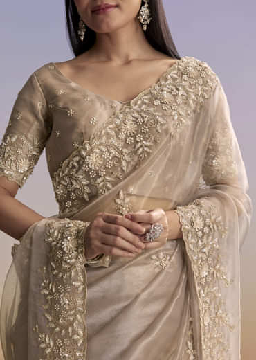 Beige Tissue Saree With Sequins And Cutdana Embroidery