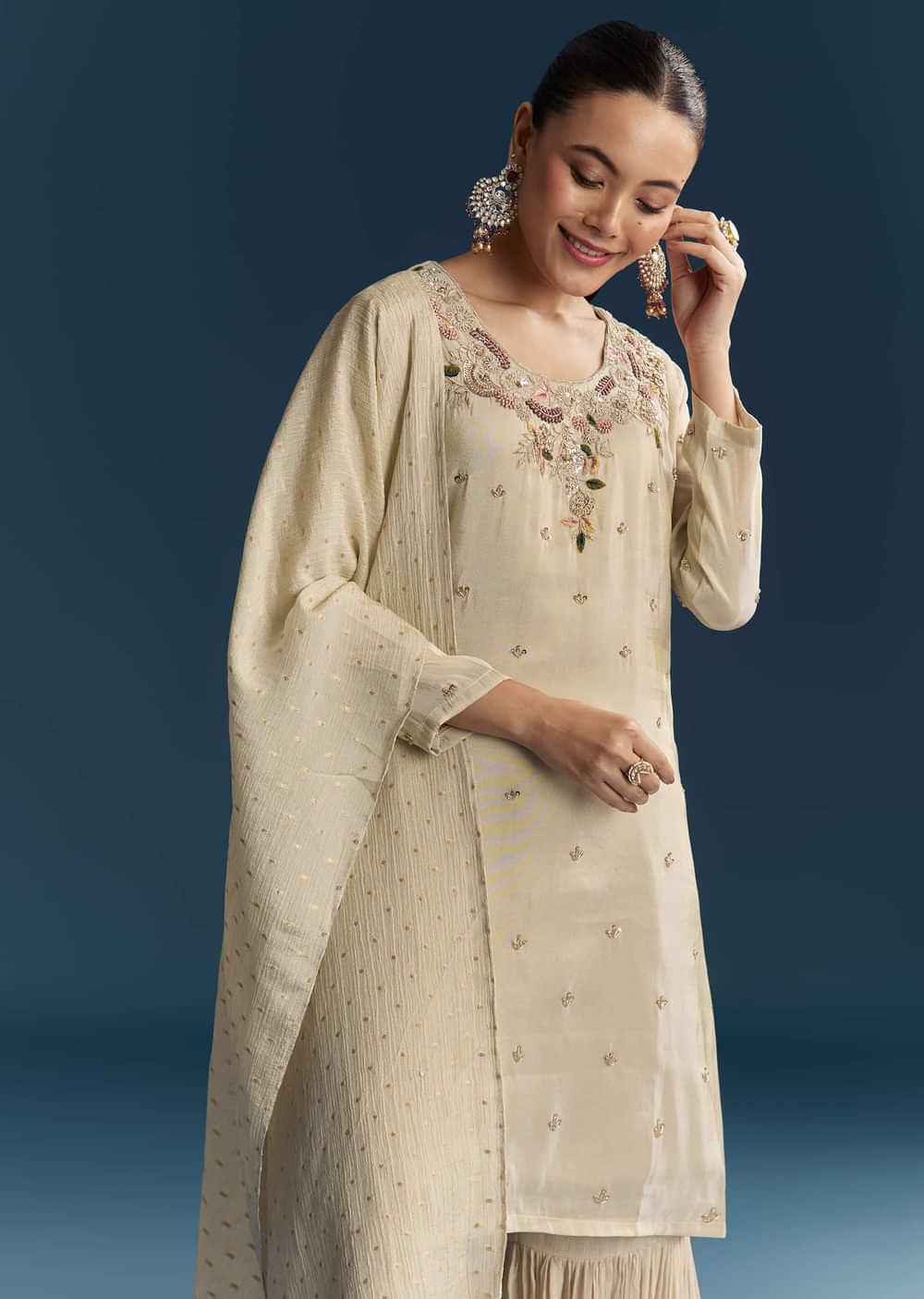 Beige Tissue Sharara Suit With Zardosi And Resham Embroidery