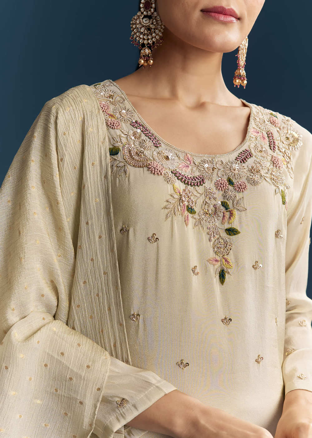 Beige Tissue Sharara Suit With Zardosi And Resham Embroidery
