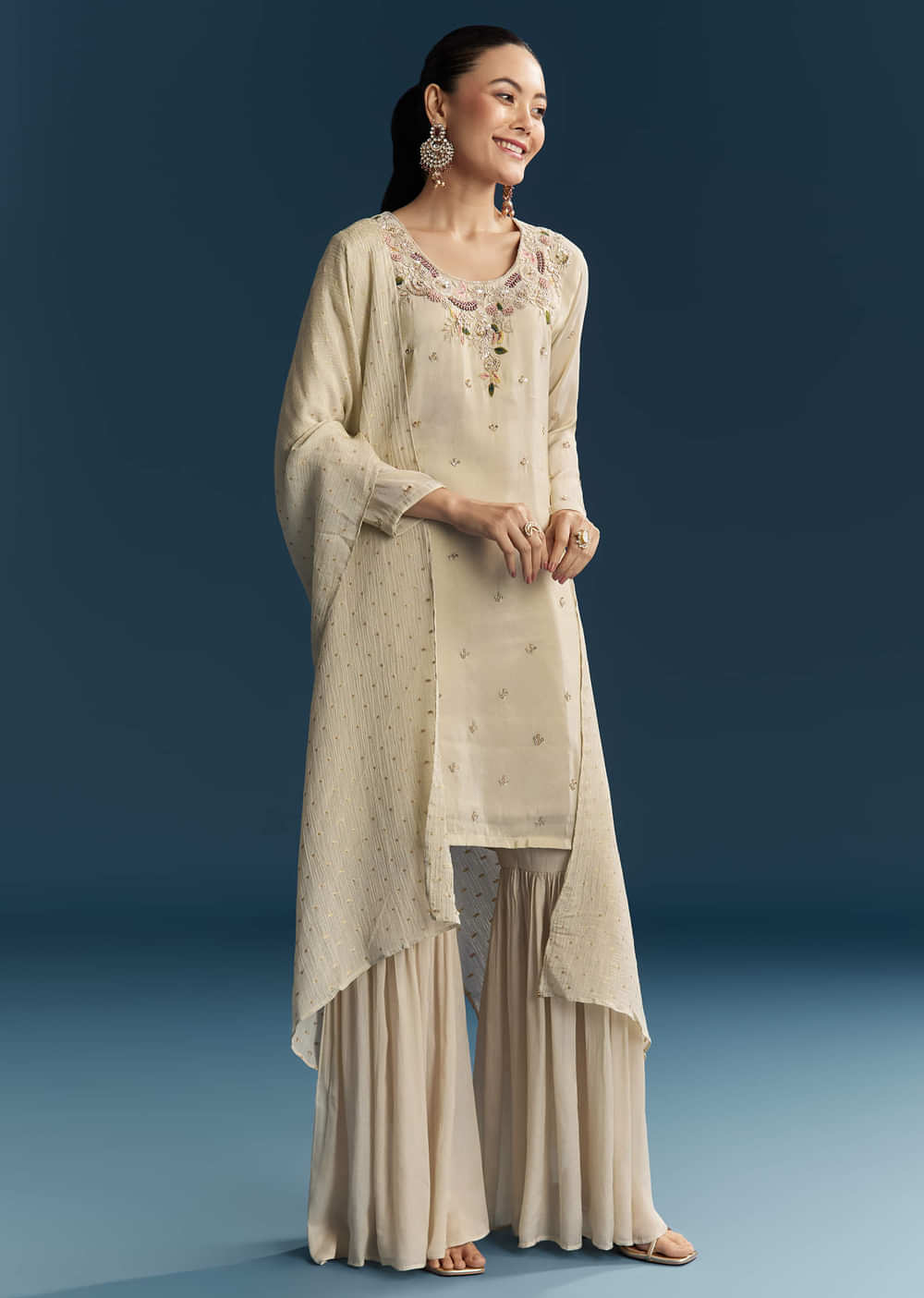 Beige Tissue Sharara Suit With Zardosi And Resham Embroidery