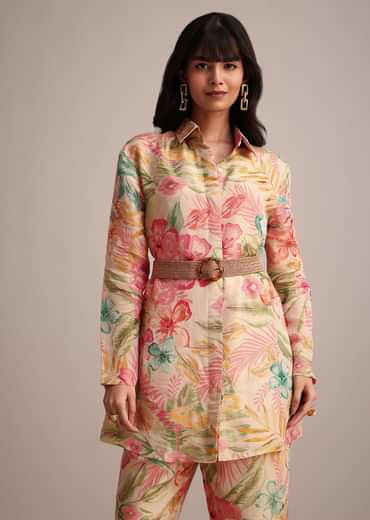 Beige Tissue Shirt Pant Set With Floral Print