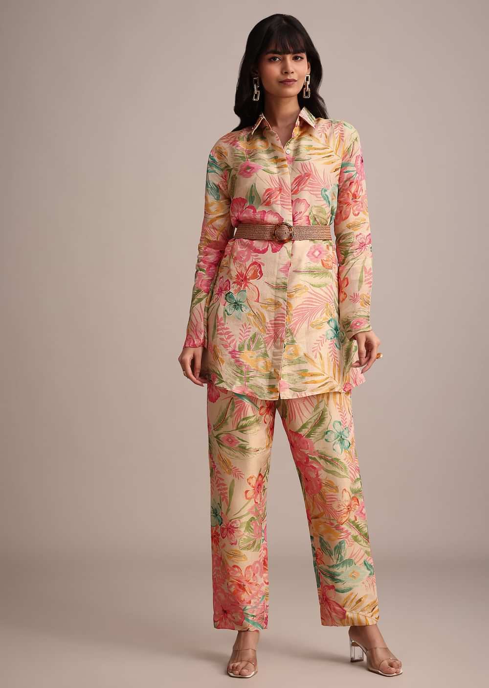 Beige Tissue Shirt Pant Set With Floral Print