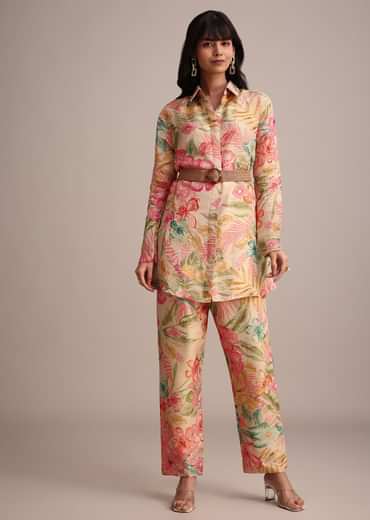 Beige Tissue Shirt Pant Set With Floral Print