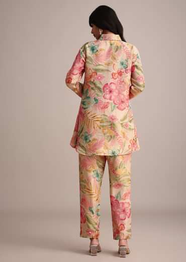 Beige Tissue Shirt Pant Set With Floral Print