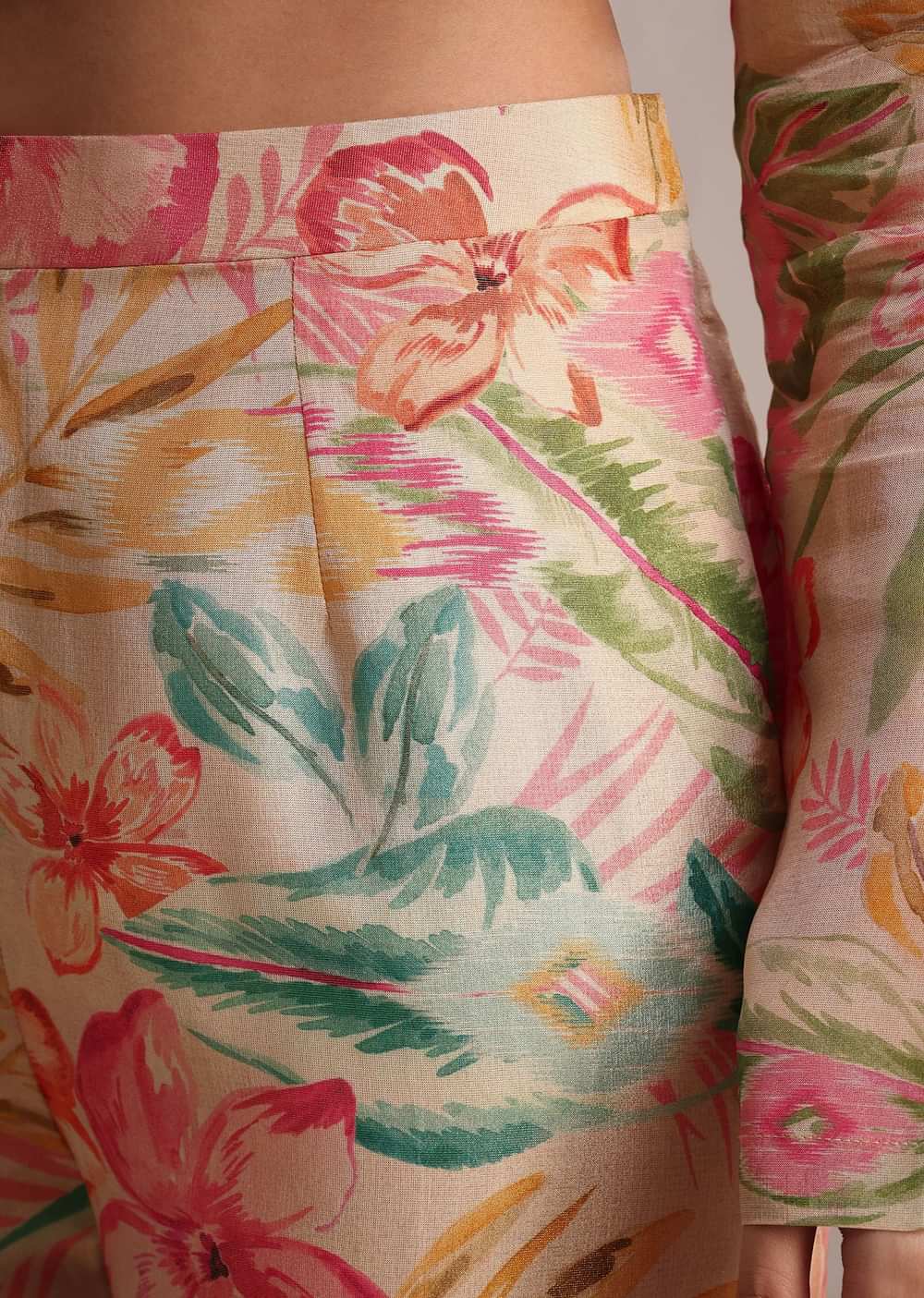 Beige Tissue Shirt Pant Set With Floral Print