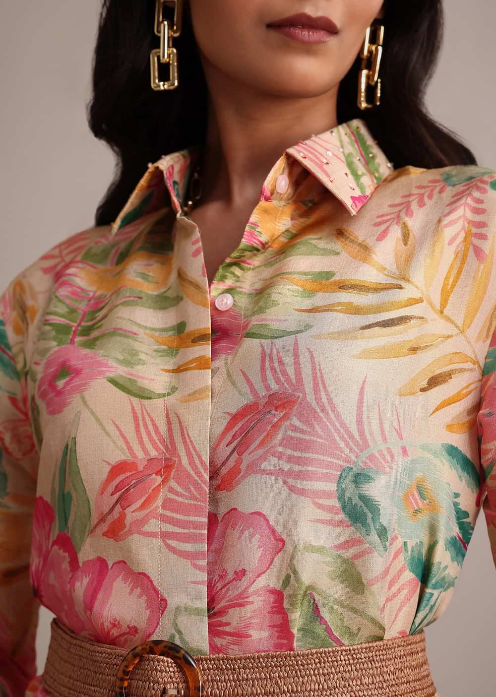 Beige Tissue Shirt Pant Set With Floral Print