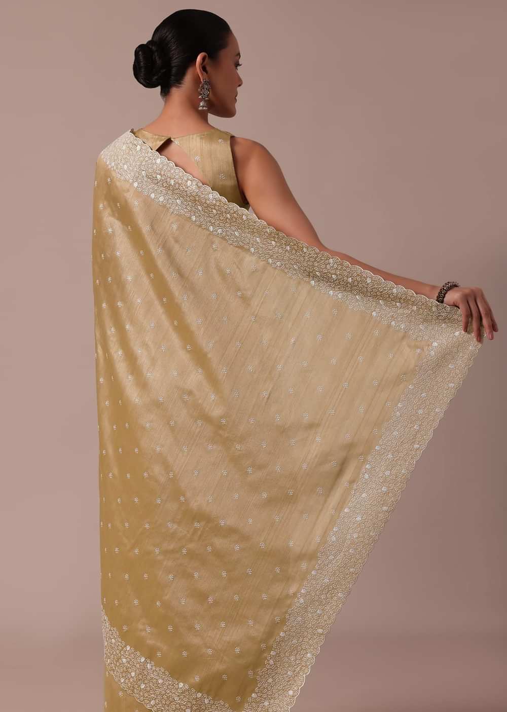 Beige Tussar Saree With Unstitched Blouse