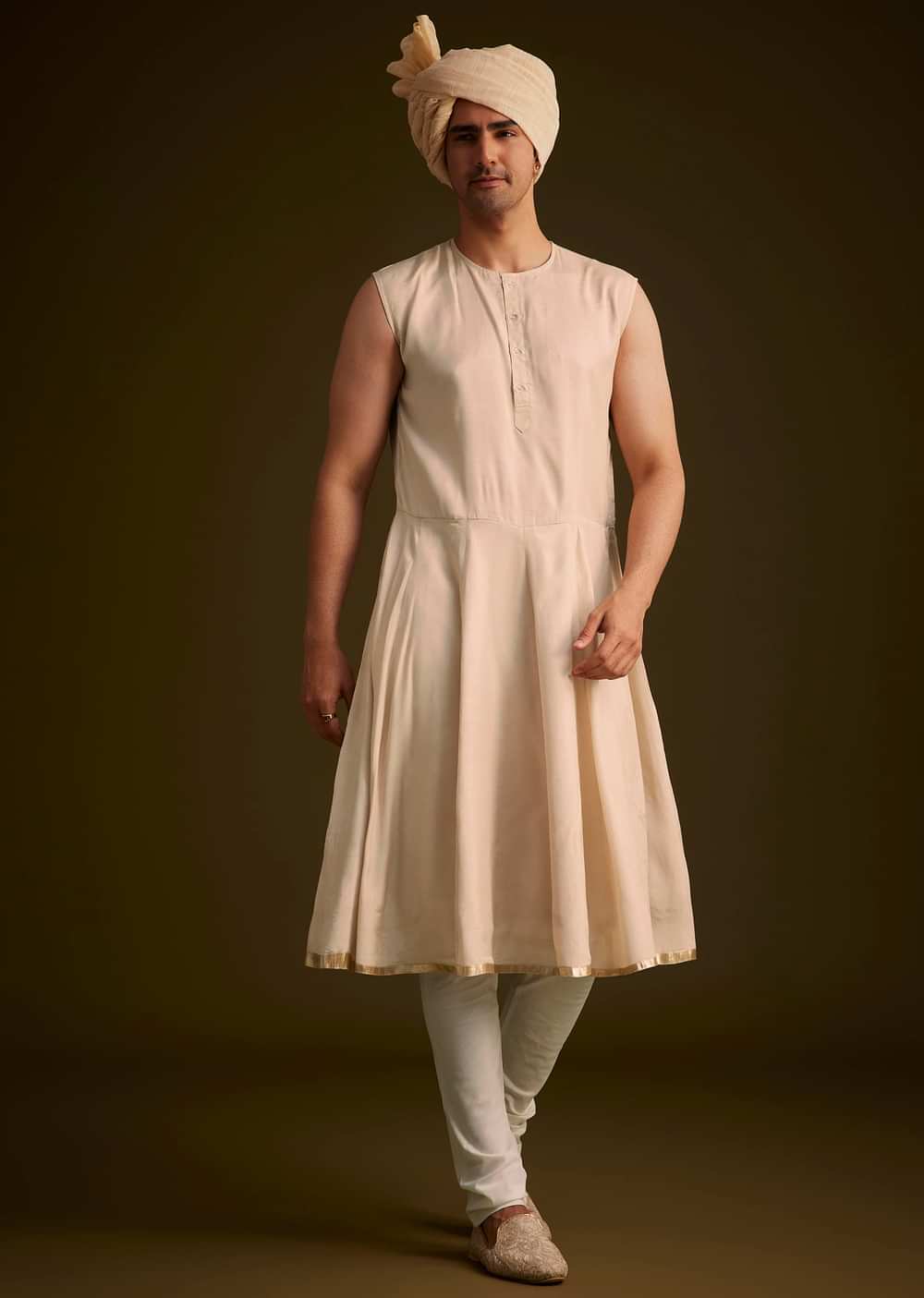 Beige Zardosi Embroidered Sherwani With Dupatta