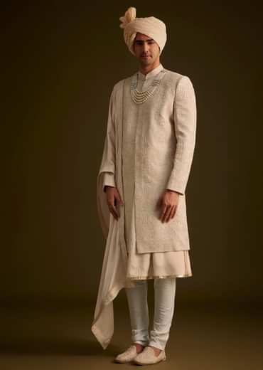 Beige Zardosi Embroidered Sherwani With Dupatta