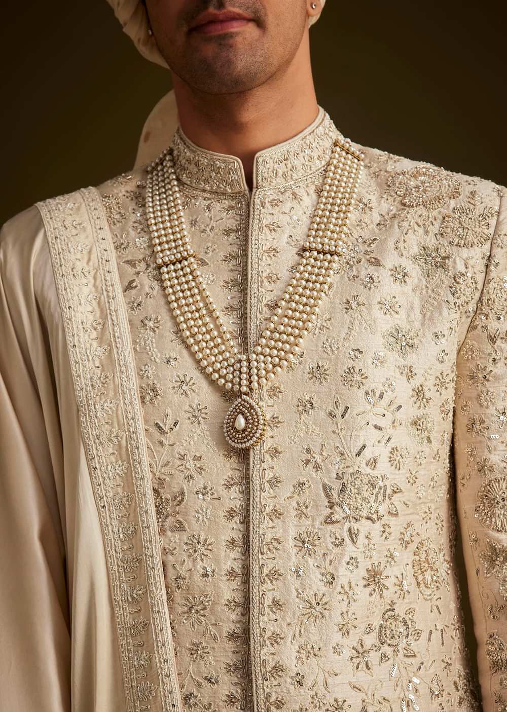 Beige Zardozi Embroidered Sherwani With Matching Dupatta
