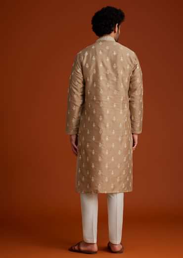 Beige Zari Embroidered Kurta Pajama Set