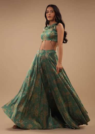Beryl Green Satin Blouse And Palazzo Pants With Floral Print And Asymmetric Hemline