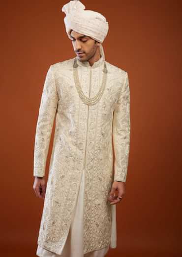 Cream White Embroidered Sherwani Set In Tussar Silk
