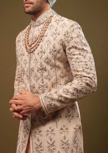 Champagne Brown Embroidered Silk Sherwani Set
