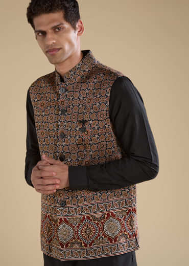 Black Ajrakh Print Mens Jacket Kurta and Pant Set