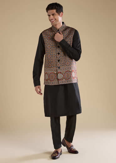Black Ajrakh Print Mens Jacket Kurta and Pant Set