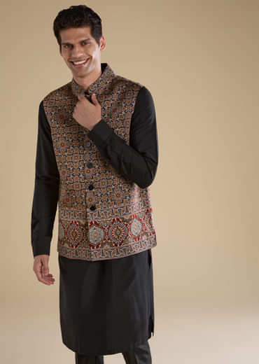 Black Ajrakh Print Mens Jacket Kurta and Pant Set