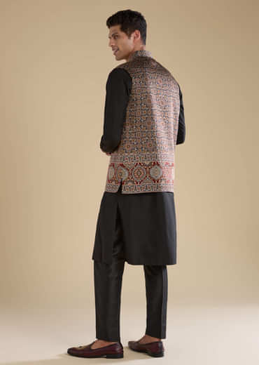 Black Ajrakh Print Mens Jacket Kurta and Pant Set