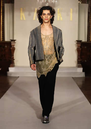 Black And Gold Indo Western Net Blazer Suit For Men With Beaded Work