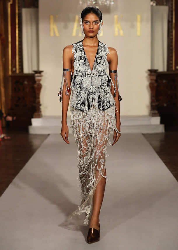 Black And White Indo Western Skirt Set With Tassel Waistcoat