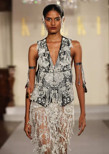 Black And White Indo Western Skirt Set With Tassel Waistcoat