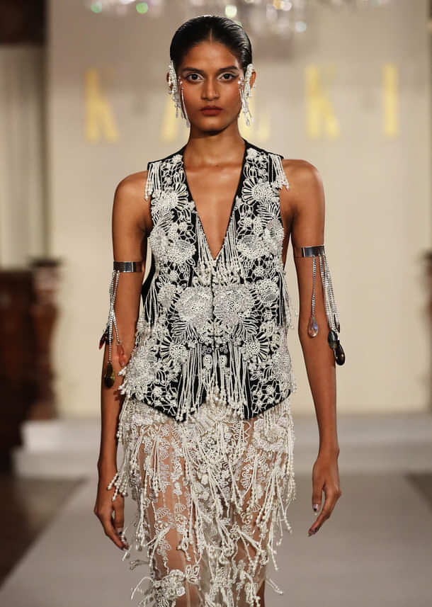 Black And White Indo Western Skirt Set With Tassel Waistcoat