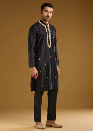 Black Banarasi Silk Kurta Set For Men With Aari And Zardosi Work