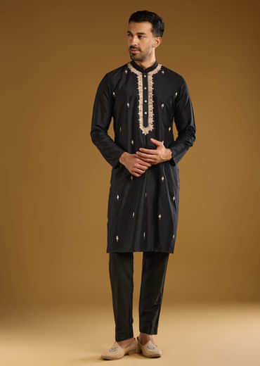 Black Banarasi Silk Kurta Set For Men With Aari And Zardosi Work