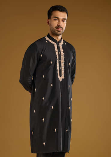 Black Banarasi Silk Kurta Set For Men With Aari And Zardosi Work