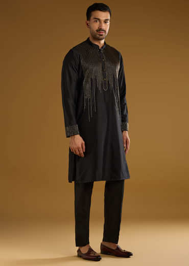 Black Banarasi Silk Kurta Set For Men With Cutdana Work