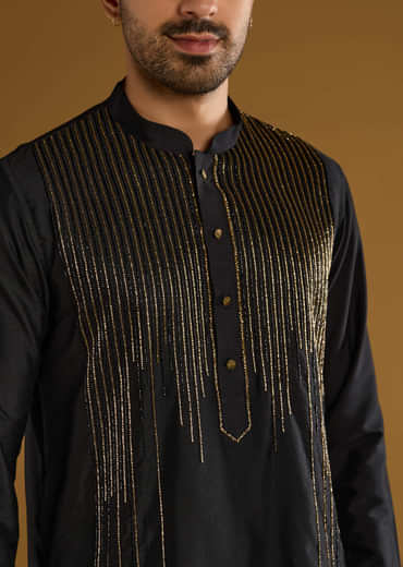 Black Banarasi Silk Kurta Set For Men With Cutdana Work