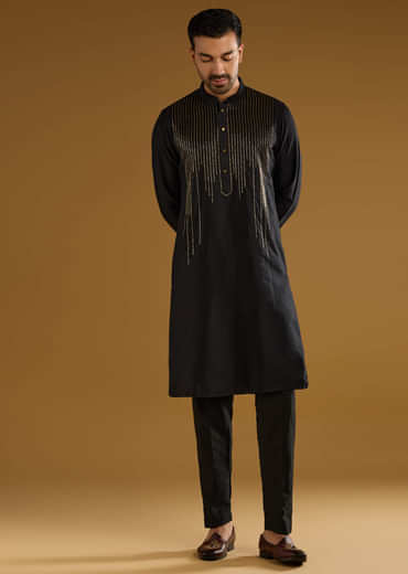Black Banarasi Silk Kurta Set For Men With Cutdana Work