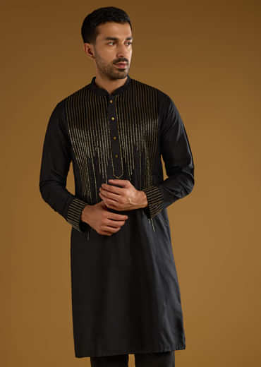 Black Banarasi Silk Kurta Set For Men With Cutdana Work