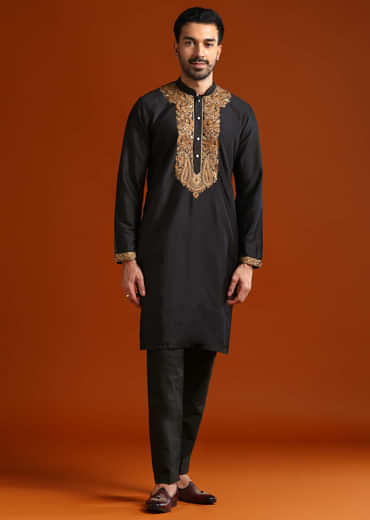 Black Banarasi Silk Kurta Set For Men With Heavy Hand Embroidery