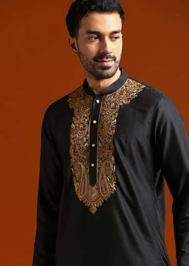 Black Banarasi Silk Kurta Set For Men With Heavy Hand Embroidery