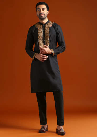 Black Banarasi Silk Kurta Set For Men With Heavy Hand Embroidery
