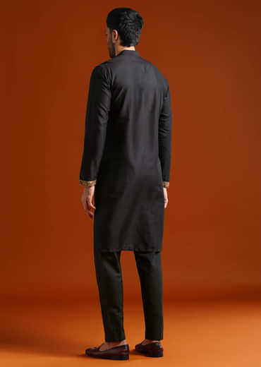Black Banarasi Silk Kurta Set For Men With Heavy Hand Embroidery