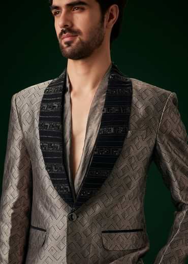 Black Banarasi Silk Tuxedo With Cut Dana And Crystal Embroidery