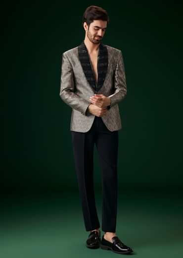 Black Banarasi Silk Tuxedo With Cut Dana And Crystal Embroidery