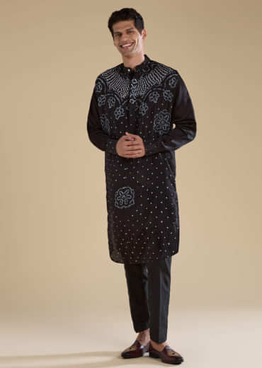 Black Bandhani Silk Mens Kurta and Pant Set