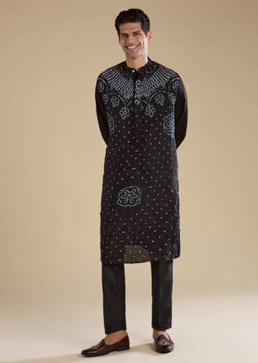 Black Bandhani Silk Mens Kurta and Pant Set